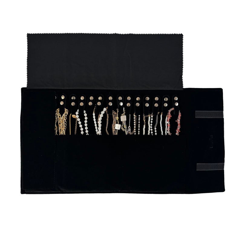 UnionPlus Velvet Travel Jewelry Roll Bag Organizer for Necklace, Elastic Band and Anti-winding, Black - Image 3